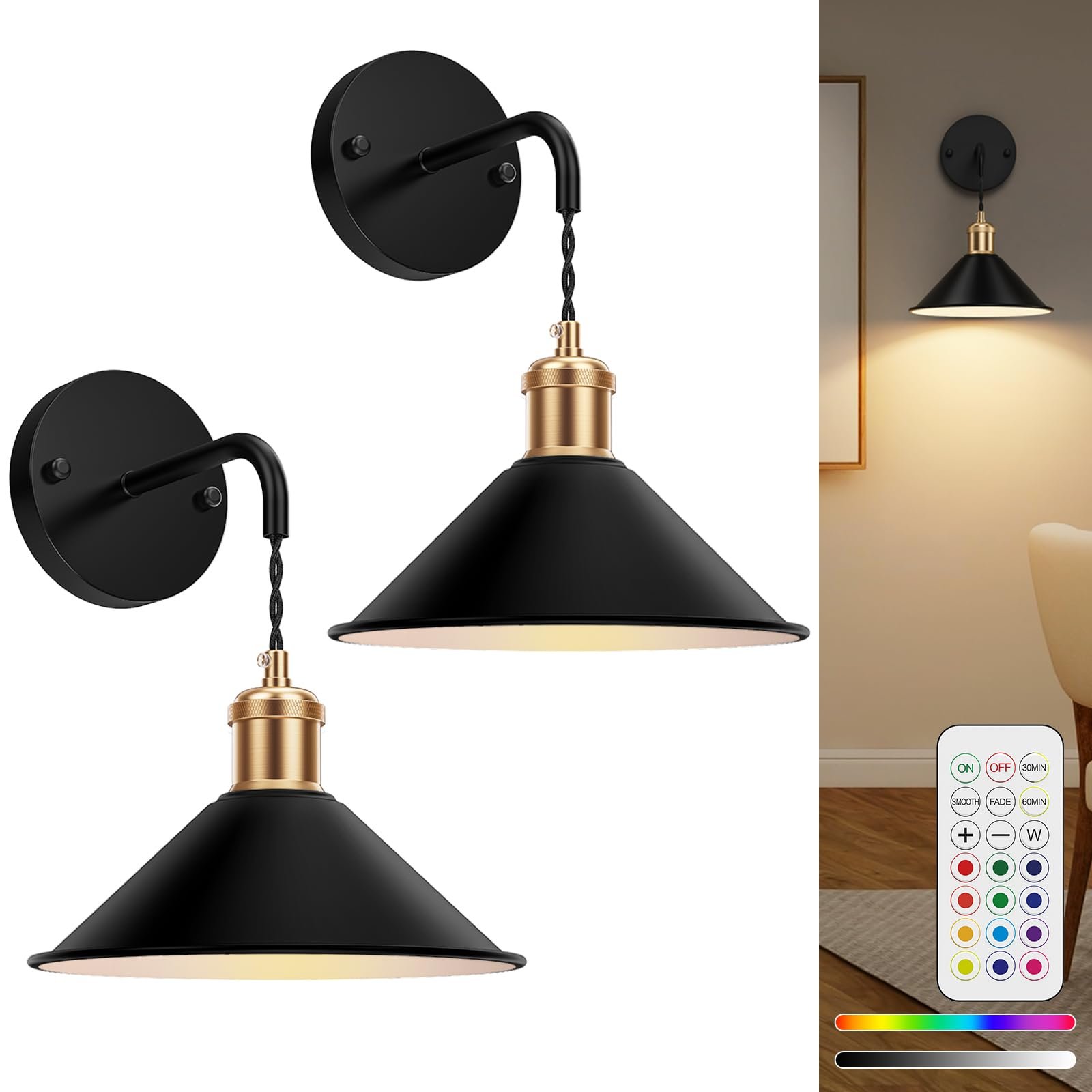 Battery Operated Wall Sconce Set of 2, Dimmable Wireless RGB Wall Sconce Decor with Remote Indoor Cordless Wall Lamp Lighting for Bedroom Living Room Hallway - Image 2